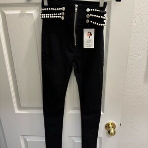 Black High-Waisted Jeans leggings with Pearl Detailing Medium
